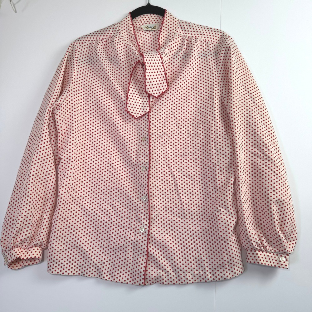 Vintage Rhoda Lee Red Polka Dot Tie Neck Blouse Long Sleeve Button Up Top